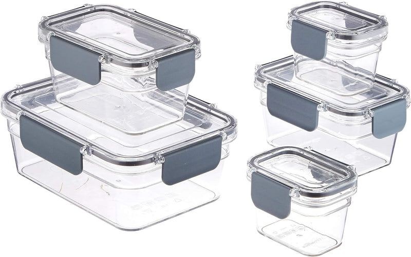 Amazon Basics Large Food Storage Containers - Tritan Plastic Locking, Air Tight, 10 Pieces, Clear