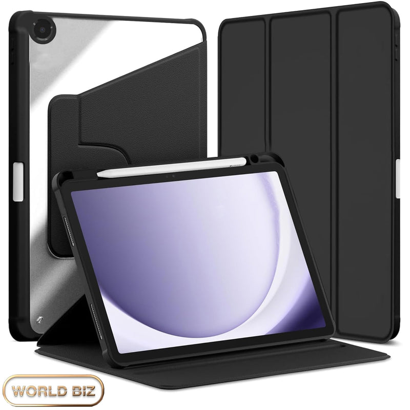 Samsung Galaxy Tab A9 360 smart rotating trifold case with pencil holder and clear protective back
